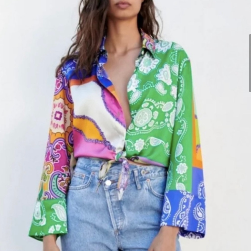 Zara Patchwork Scarf Button Down Tie Front Blouse Size L